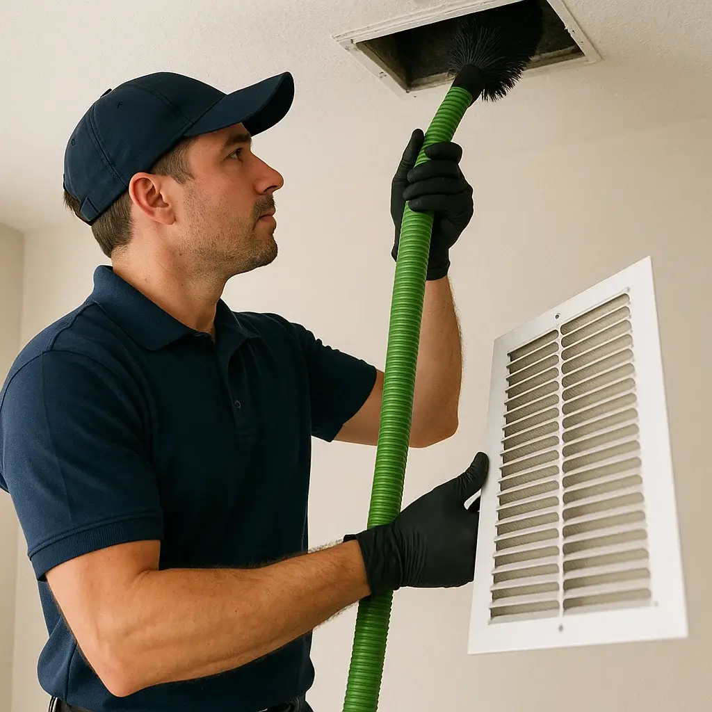Technician from Clear Lake City TX Air Ducts Cleaning using industrial vacuum and HEPA filter to remove dust and allergens from home ducts.