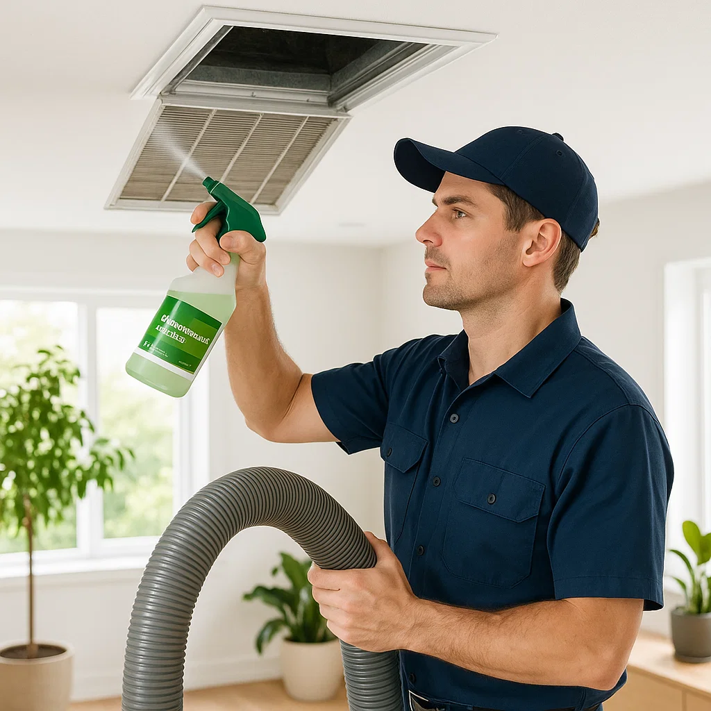 technician from Clear Lake City TX Air Ducts Cleaning using eco-friendly sanitizing products to clean air ducts and improve home efficiency.